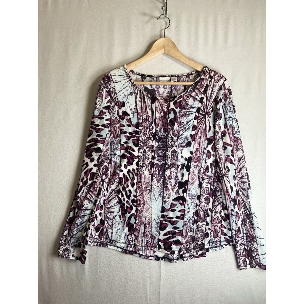 Chico's Weekend Top Women 2 Multicolor Abstract Print Long Sleeve Knit Blouse